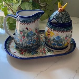 Kalich Polish Stoneware Pottery Hand Painted Honey and Creamer Set Unikat 460